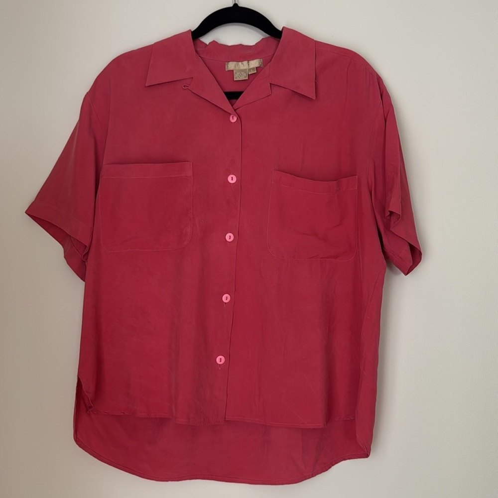 Studio 121 Women's Pink Silk Short Sleeve Button Down Blouse Size L
